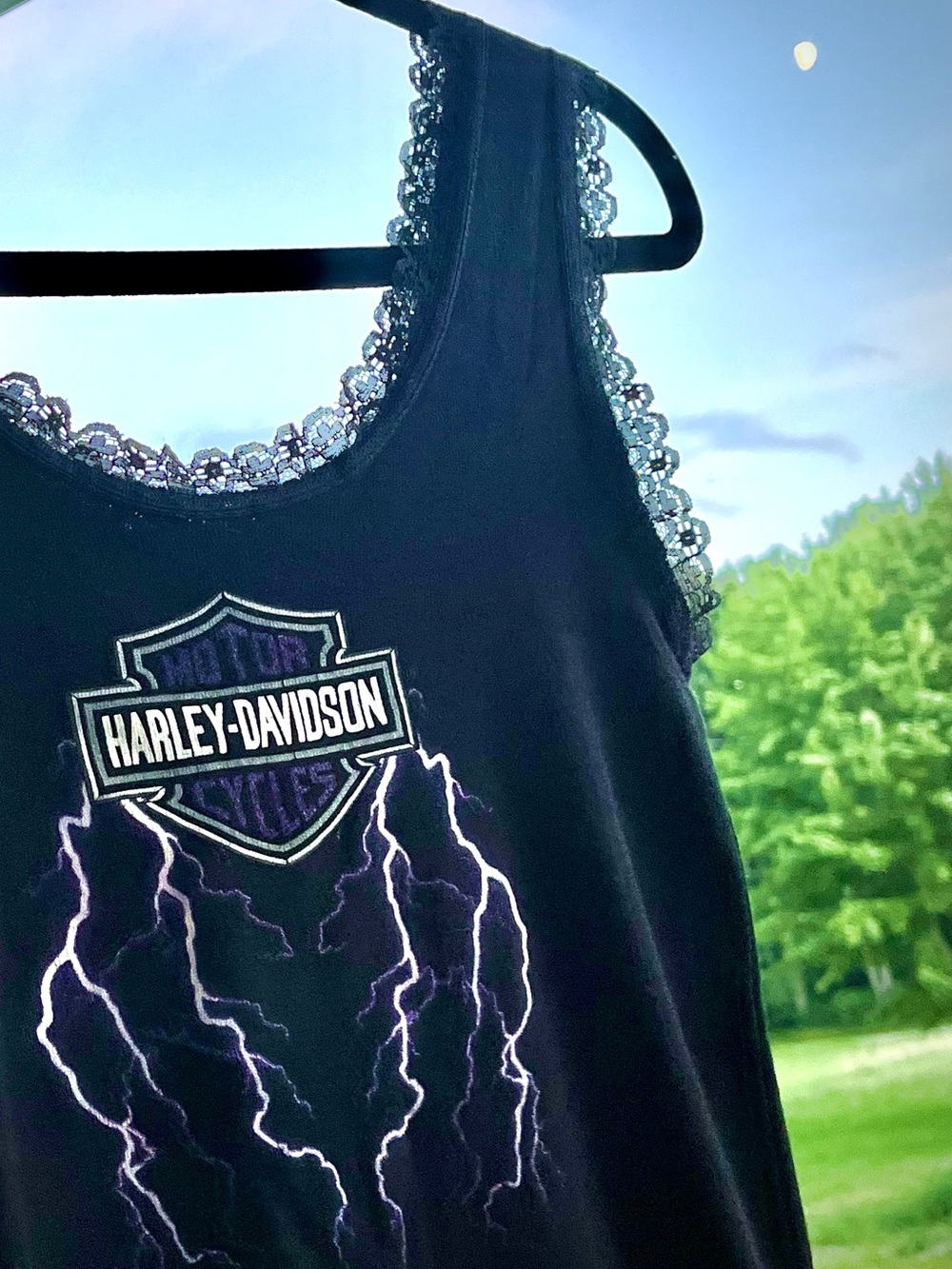 RARE 1989 Harley-Davidson Black Tank Top w/ Purple Lightning & Lace Trim